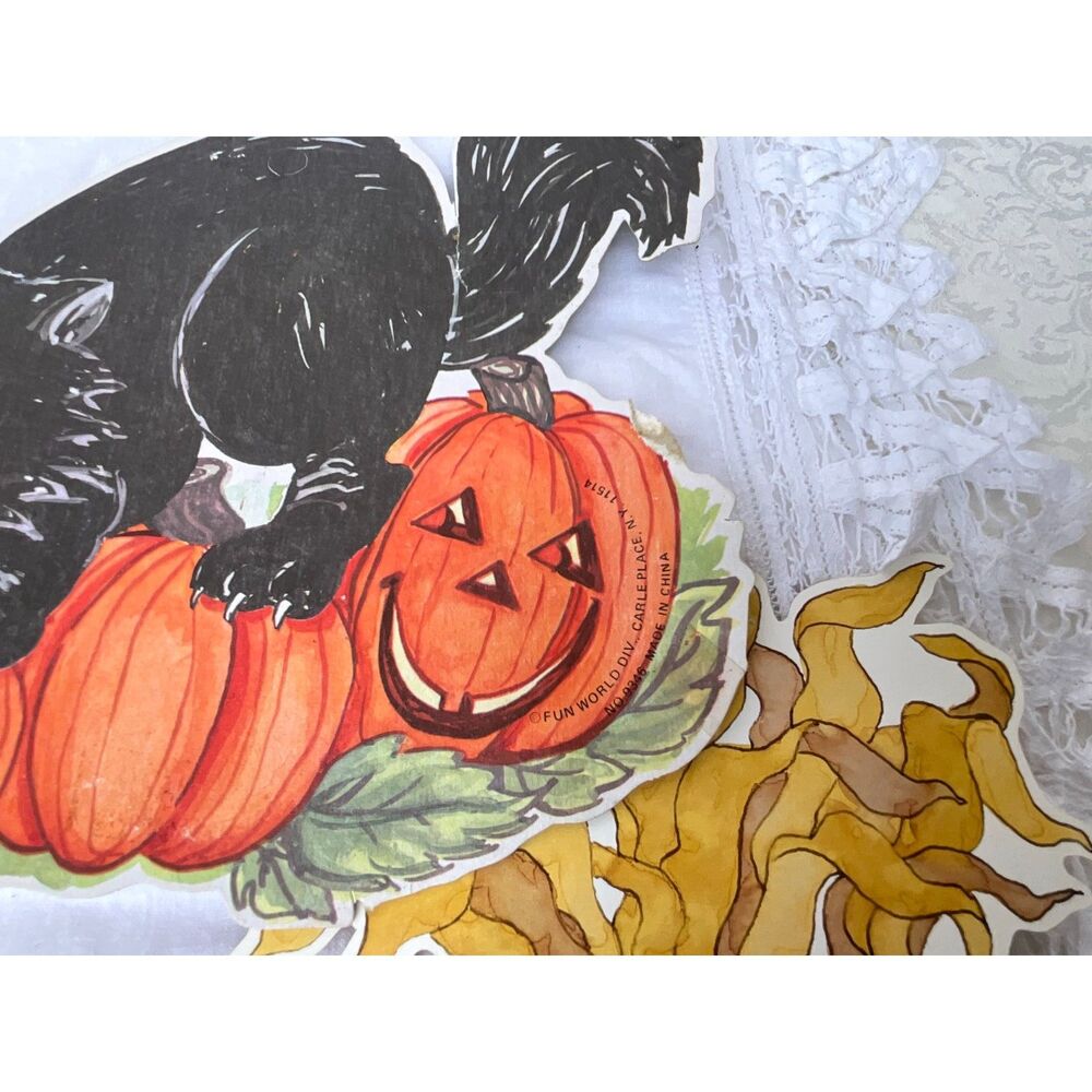 4 vintage Halloween window die cut paper decorations pumpkins, cat, hay stack - Picture 9 of 11